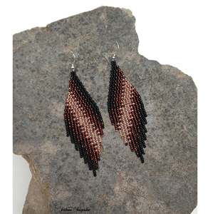 Tea Ombre Statement Native bead earrings Black brown Modern Dangle Fringe Seed bead - Product Image 1