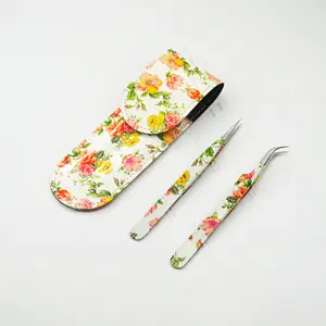 Premium Quality Fancy 2 Pieces Eyelash Extensions Tweezers With Silver Tips Flower Printed Best Professional Travel Kit