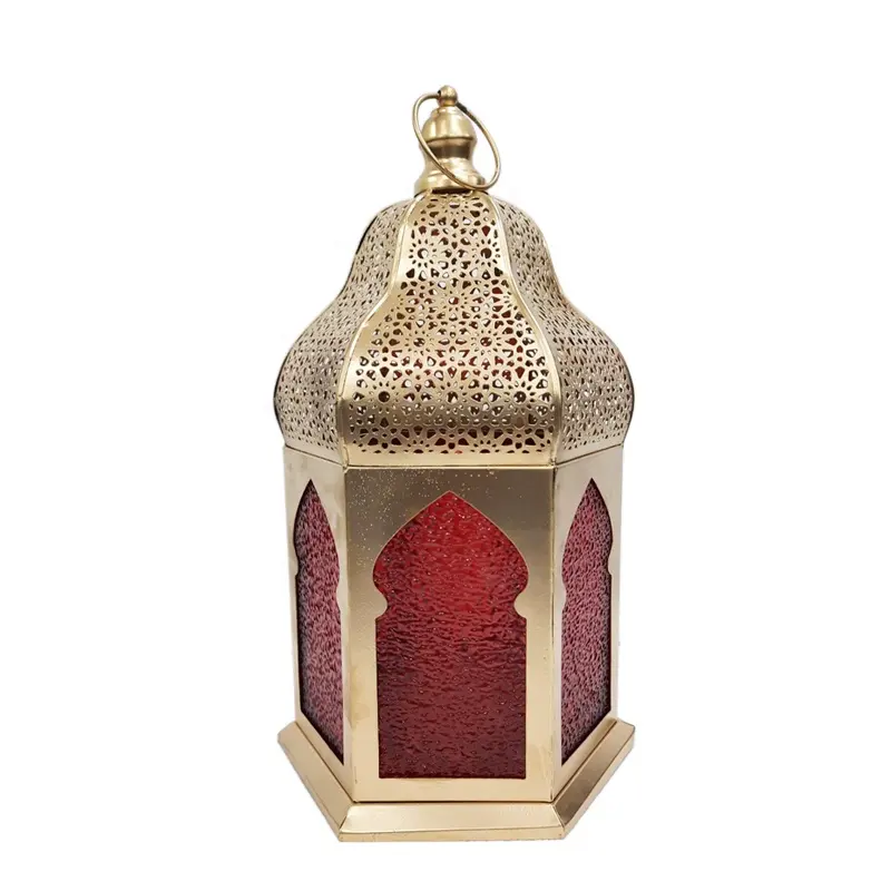 Home Decorative Glass & Iron Moroccan Lantern With Jambo T-Light Holder Red And Gold For Home And Living Room Decor Handmade