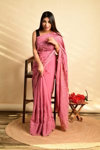 Saris-bordado a máquina con relleno de color azul cielo, diseñador de la india, proveedor de la india - Product Image 6