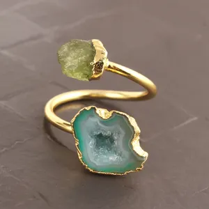 天然奢华波西米亚时尚天然粗糙绿色橄榄石绿色地质德鲁兹戒指黄铜24k镀金手工戒指