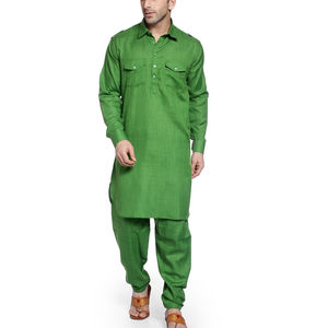 Solid Dark <b>Green</b> <b>Silk</b> Cotton Men's Shalwar Kameez Double Chest Pockets Knee Length High Quality Comfortable Fully Stitched Ready - Product Image 1