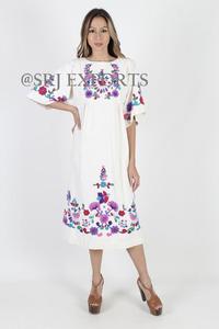 <b>White</b> Boho Embroidered <b>Organza</b> Midi <b>Dress</b> Floral Pattern Collarless Neckline Cap Sleeve Loose Fit Cotton Summer Casual <b>Dress</b> - Product Image 6