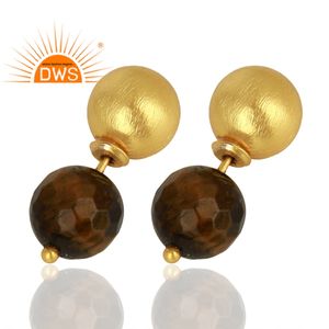 Pendientes de tuerca de ojo de tigre, joyería chapada en oro de 18k, pendientes de plata de ley 925, fabricante de joyería de piedras preciosas - Product Image 2