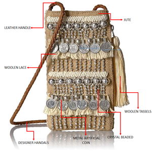 Nouveautés : Pochette mobile en jute brodée à la main, style ethnique bohème unique, de haute qualité, écologique, motif paysage - Product Image 2