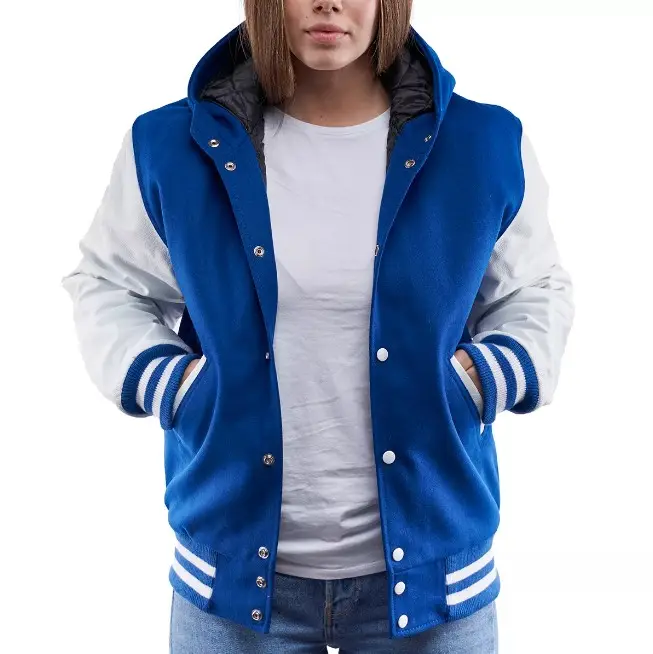 Vestes en cuir blanc bleu Royal personnalisé pour femmes, veste de sport de Baseball Safari, lettrage OEM, Patch brodé