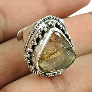 Natuurlijke 925 Sterling Zilveren Gouden Rutiel Ring Voor Unisex Jaipur Handgemaakte Zilveren Ringen Leveranciers Custom Zilveren Sieraden