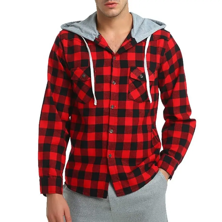 Hot Sale High Quality Latest Design Causal New Pattern Factory Custom Red Color Long Sleeve Men's Brush Flannel Check Shirt