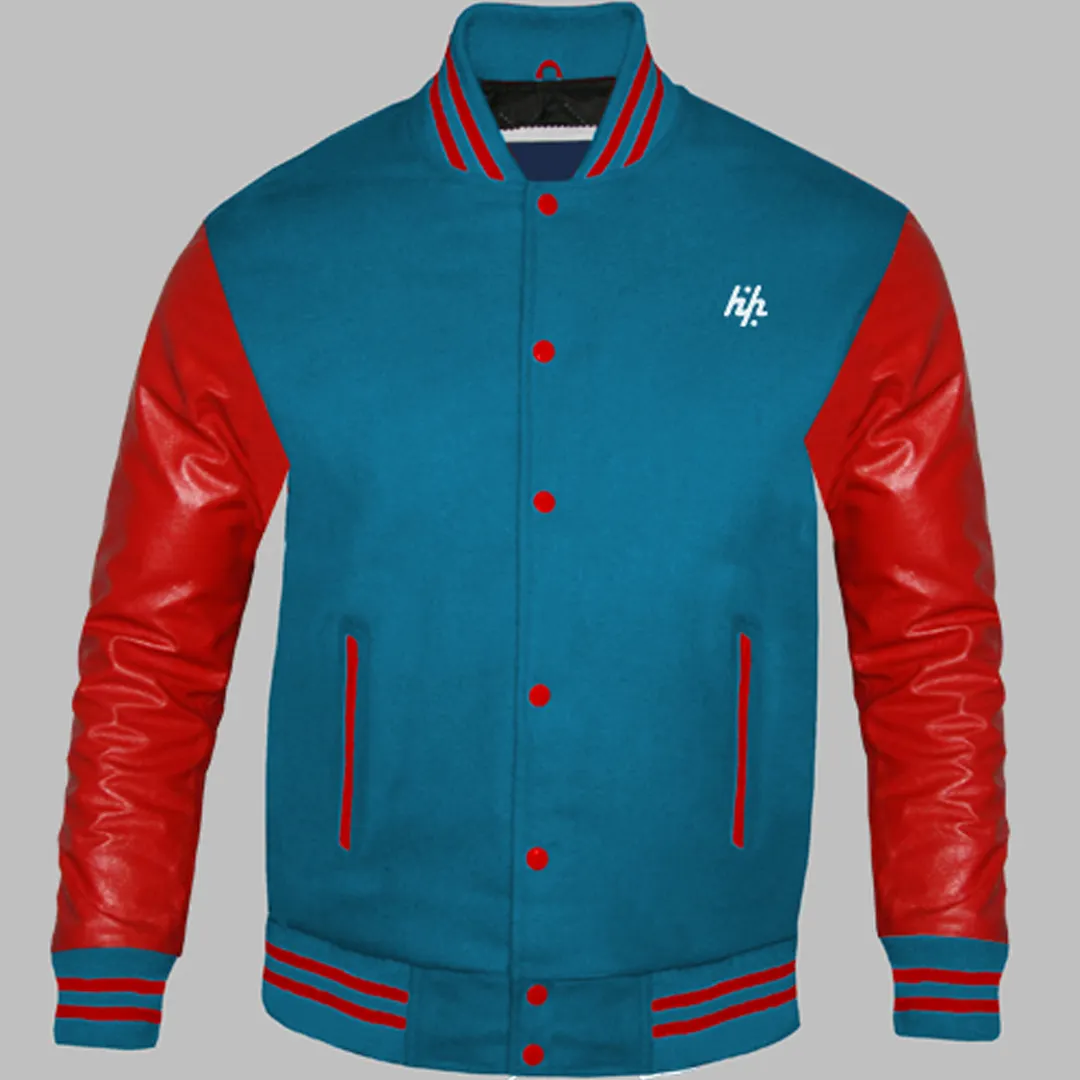 Huzaifa 제품에 의해 남자를 위한 최고 곡물 빨간 Varsity 재킷에 있는 2021 의 주문 새로운 컬럼비아 파랑과 진짜 가죽 소매