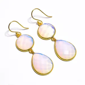 Penjualan Terbaik Natural Milky Opal Gemstone Designer Jewelry Perak 925 Sterling 18K Emas Disepuh Wanita Pernikahan Hook Earring SKER-59