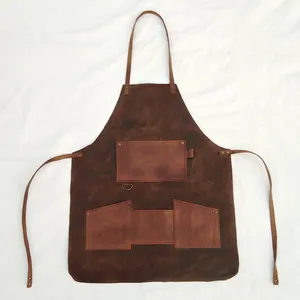 Barber salon apron with tool pouches genuine leather straps and metal buckles