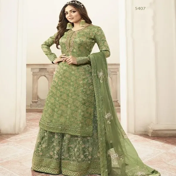 Heavy jacquard silk Georgette & multi work and Diamond work suit with palazzo and dupatta
