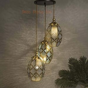 3ไฟรอบโบราณทองเหลืองเสร็จสิ้นรูปไข่โมร็อกโกแขวนจี้แสงโมร็อกโกโคมไฟจี้ - Product Image 1