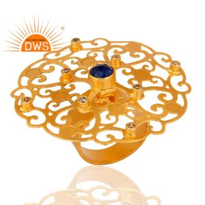 Filigree Flower Design 18k Gold Plated Brass Fashion Cocktail Ring Blue Aventurine Zircon Gemstone Ring Jewelry Supplier - Product Image 2