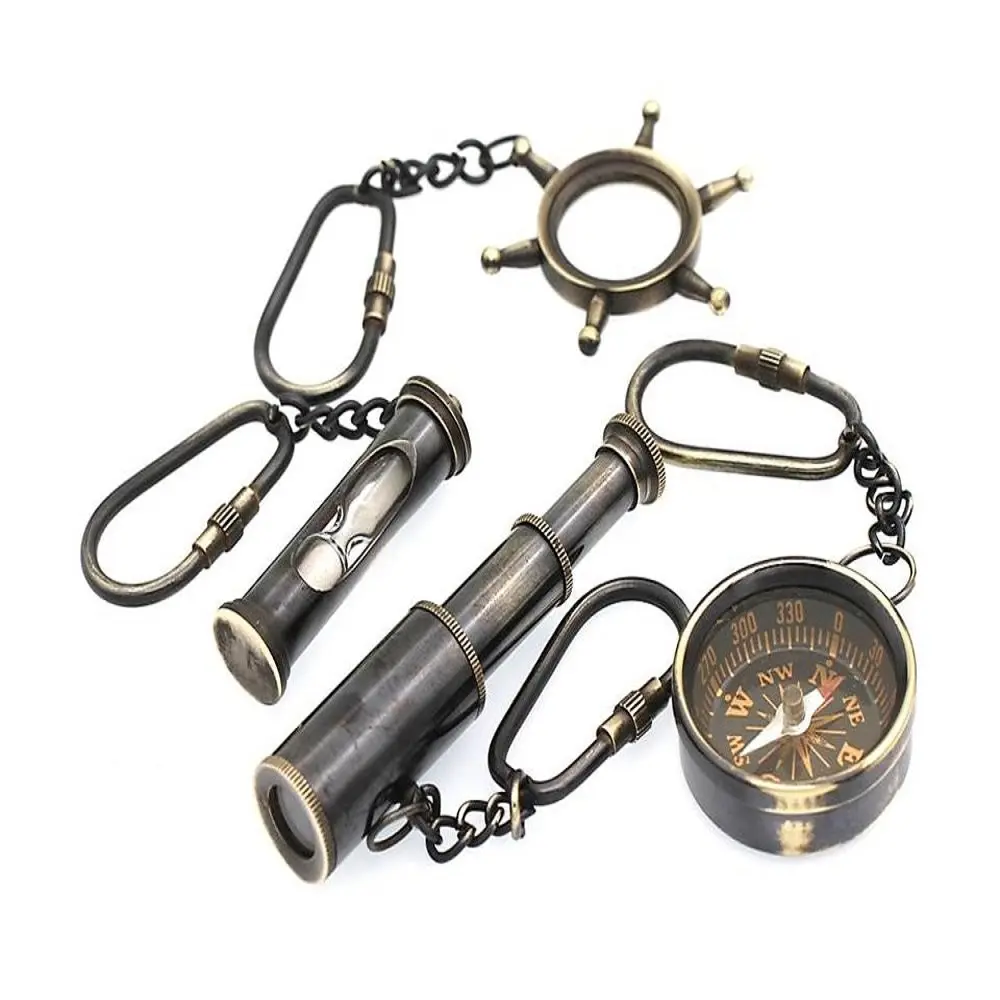 Брелок для ключей из латуни с морским полированным бронзовым покрытием, комплект с увеличительным телескопом и компасом, брелок с таймером и песком