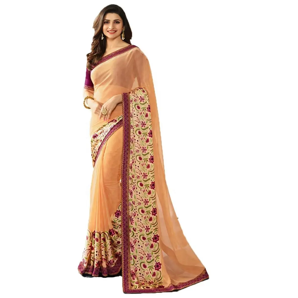 Saree Party Wear Indiase Vrouwen Volwassenen Wasbare Droog Schoon India En Pakistan Ondersteuning Full Size Saree / Sari / Shari moderne Ontwerpen