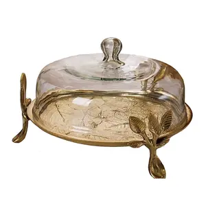 Modern Design Brass Metal Cake Stand with Glass Dome Birthday Cake Serving Platter Luxury Cake Cup Stand