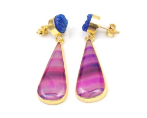 Màu Hồng mã não và màu xanh druzy đá quý mạ vàng hình dạng quả lê Handmade thời trang unisex Đảng Stud Bông tai - Product Image 3