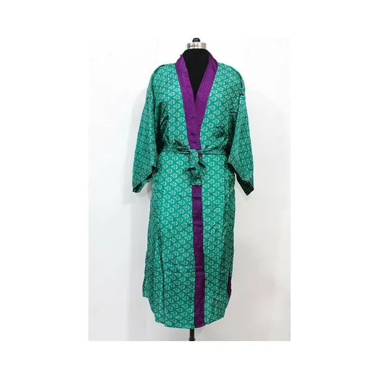 Green Silk Sari Quilted Kimono Jacket Handmade Vintage Kimono Jacket Robe Printed Bohemian Women Japanese Kimono