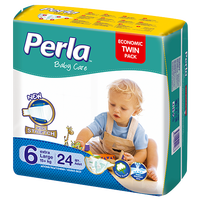 Lot de deux couches jetables PERLA pour bébé avec surface sèche en tissu non tissé, absorption, protection anti-fuites, motif imprimé, certifiées ISO/GMP
