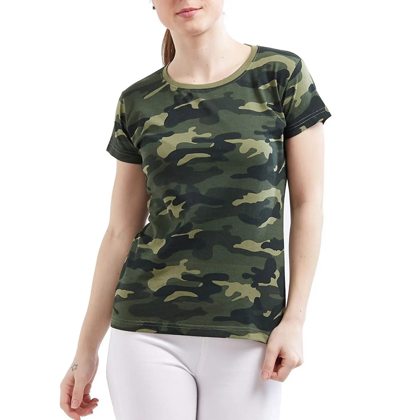 Wholesales camiseta feminina meia manga, gola redonda, manga curta, estampa camo, casual, para mulher, verão