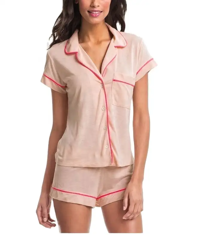 Vintage Paspel detaillierte Shorty Pyjama Set Damen