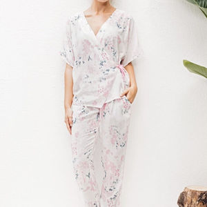 Pijamas de algodón para mujer, ropa de salón nocturna, satén rosa claro, cuello en v, estampado de flores, manga corta, vestido camisero sexy - Product Image 3