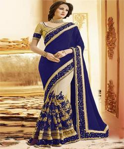 Vêtements de fête designer brodé net soie fleur design indien dames portent couleur orange saree avec chemisier pièce perle travail sari vêtement - Product Image 2