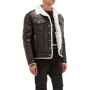 OEM Custom New Fashion <b>Men</b> <b>Shearling</b> Lined Faux Leather Flight <b>Jacket</b> Winter Bomber <b>Jacket</b> Wholesale - Product Image 2