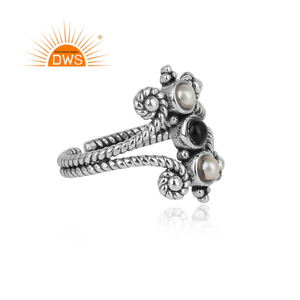 Bague en argent Sterling Style Boho Antique, bijoux à la main, texturés, en Onyx noir et perle, pierres précieuses, source de bijoux - Product Image 3