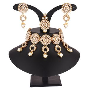 Conjunto de joyería india tradicional Kundan, Gargantilla de perlas de imitación, collar, pendientes Mang Tikka, joyería nupcial, blanco, venta al por mayor - Product Image 3