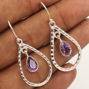 Pendientes de Plata de Ley 925 con Amatista en Corte Pera, Color Morado Oscuro, Estilo Real, Hechos a Mano, para Bodas y Fiestas - Product Image 1