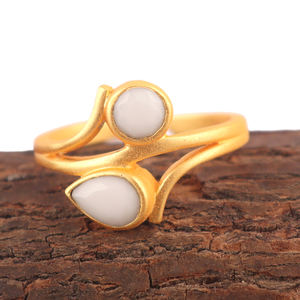 Bague Double pierre en Agate blanche, forme ronde, Design classique, Unique, plaqué or mat, ouvert, réglable, anneaux empilables, bijoux - Product Image 3