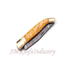 Couteau de poche pliant fait main de damas avec étui en cuir (smk1271), couteau multifonctionnel en acier, couteaux Sm de couleur bois - Product Image 4