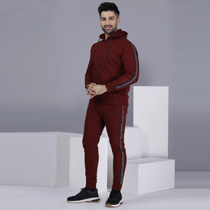 Ensemble de survêtement respirant pour homme, couleur bordeaux foncé, avec fermeture éclair, manches longues, vêtements de sport pour adultes - Product Image 1