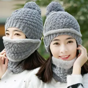 如此舒适的冬季针织帽子带围巾套装女式针织钩针绒帽