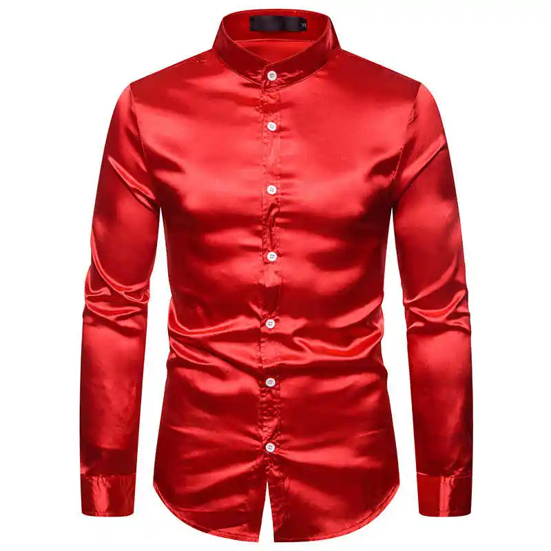 casual t shirt for unisex many colors options in silk fabric Satin Dress Shirt Shiny Silk Long Sleeve Button Up Shirts