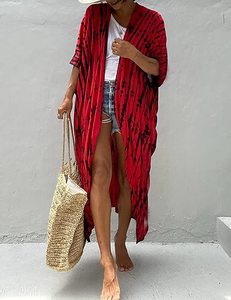 2023 Kimono Vintage de verano para mujer Boho Lady Beach Cover-Up Cardigan transpirable media manga Tie Dye cintura Natural talla XL - Product Image 4