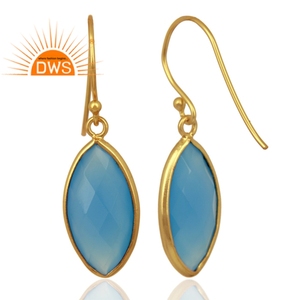 Nanette-pendientes chapados en oro hechos a mano con gancho de plata, proveedor de joyería, pendientes de piedras preciosas de Calcedonia azul facetados, venta al por mayor - Product Image 4