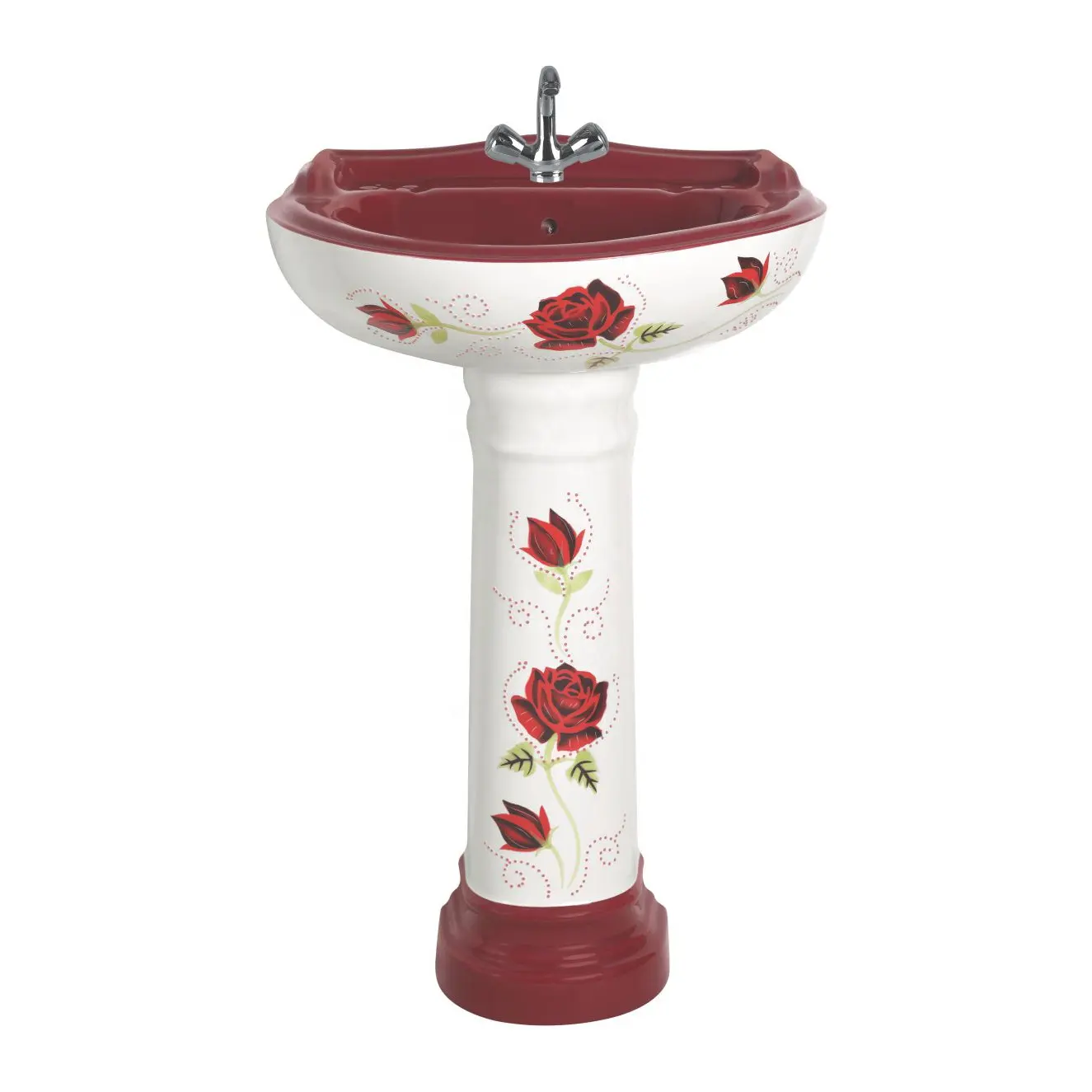 Juego de lavabo de cerámica con estampado de flores, lavamanos con Pedestal, para uso doméstico, baño, artículos sanitarios, OEM, Color naranja