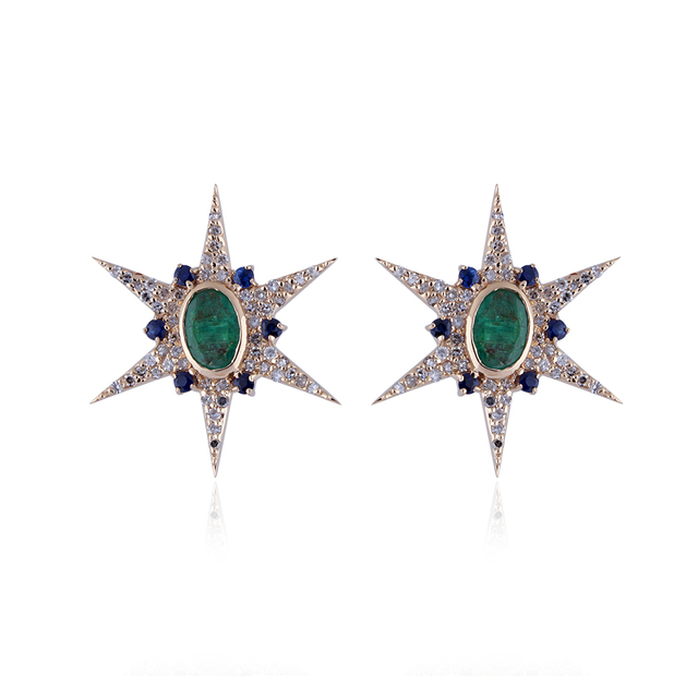 Natural Emerald Genuine Diamond 14k Yellow Gold Star Stud Earrings Blue Sapphire Fine Jewelry Wholesale