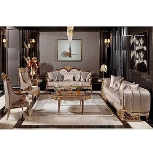 El mejor sofá de 8 plazas de estilo europeo de ultra lujo, juego de muebles de sala de estar de madera de teca con clase, sofá de lujo de 8 plazas con acabado dorado - Product Image 1