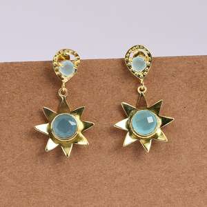 2021 925 Sterling <b>silver</b> bezel setting chalcedony topaz gemstone gold plated stud <b>dangle</b> <b>earrings</b> wholesale jewelry - Product Image 4