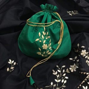 NEW ELEGANT POTLI BAG WITH BEAUTIFUL HEAVY EMBROIDERY Of KASAB WORK ON SATIN FABRIC FOR PARTY & <b>WEDDING</b> @ 2022 - Product Image 1