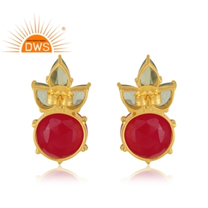 Boucles d'oreilles clous en argent sterling plaqué or avec pierres précieuses naturelles péridot et calcédoine, collection classique, fournisseur de bijoux - Product Image 3