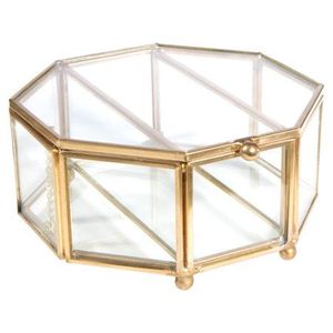 Boîte à bijoux en verre octogonale avec cadre doré et panneaux transparents pour le rangement - Product Image 1