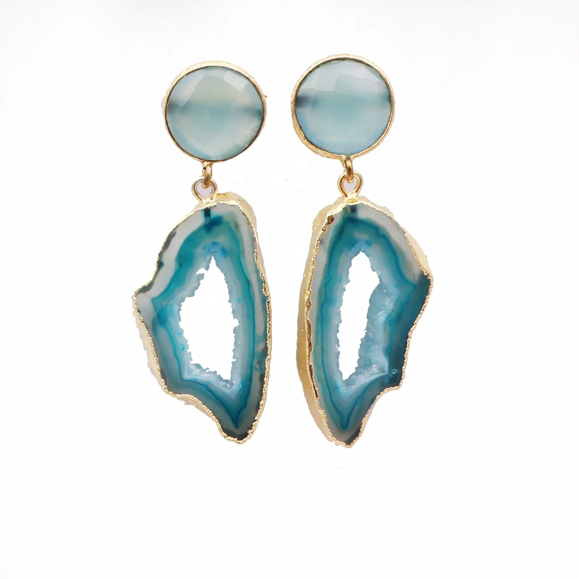 Màu xanh Chalcedony & geode Slice druzy đá quý Bông tai Handmade mạ Vàng Stud Bông tai đồ trang sức bướm đẩy trở lại Bông tai Quà Tặng