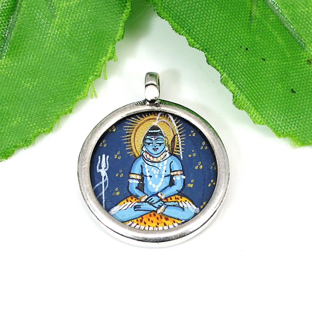 लघु कला भारतीय देवता भगवान शिव ध्यान दस्तकारी चित्रित 925 स्टर्लिंग चांदी सरल आकर्षण लटकन