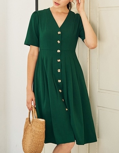 Vestido Formal de Verano Verde con Cuello en V, 100% Lino Crepé, a la Moda, Sexy, Largo hasta la Rodilla, con Botones, Talla XL - Product Image 1