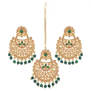 Indian Bruids Sieraden Fabrikanten Green Crystal Kundan Maang Tikka Oorbellen Set Indian Groothandel Sieraden